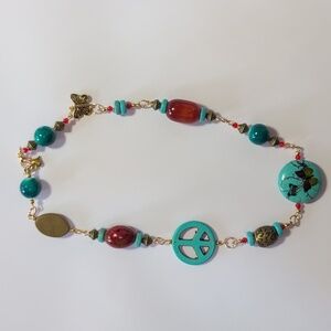 Handmade Ceramic, Carnelian & Swarovski Turquoise and Red Beaded Necklace